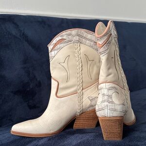 Dolce Vita Cream Braided Western Ankle Boots with Pink Trim